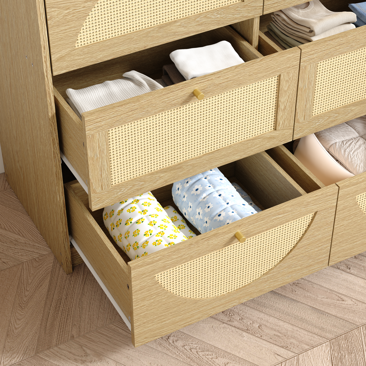 9-Drawer Rattan Dresser - Modern Walnut Storage Cabinet