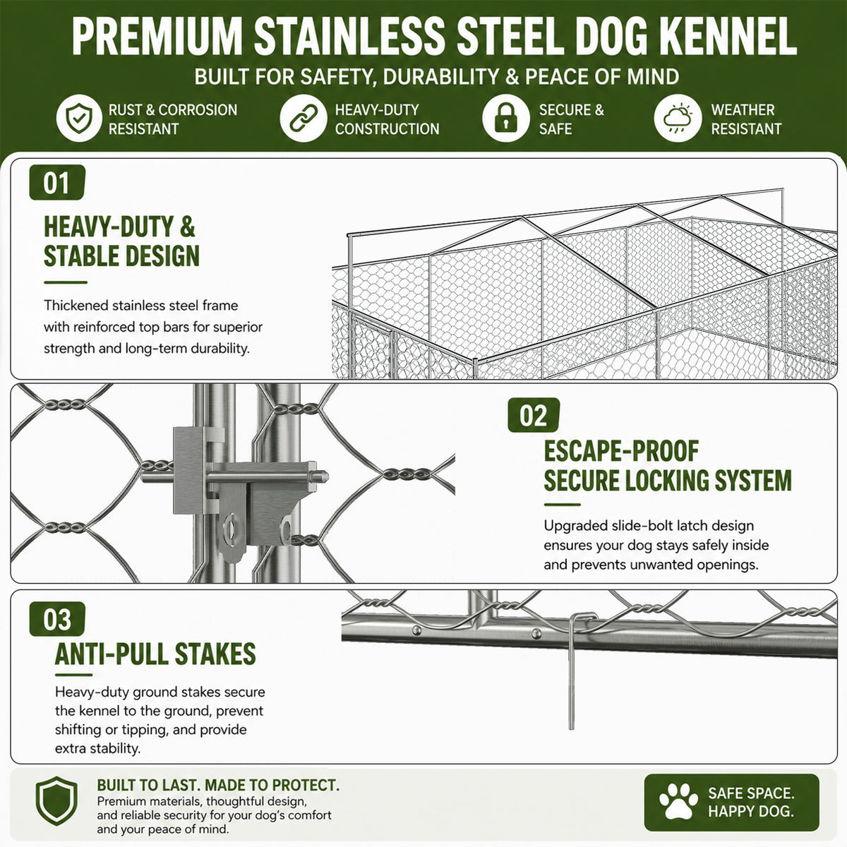Large Outdoor Dog Kennel with Canopy - Heavy Duty Galvanized Steel Frame, Waterproof Cover, Elevated Feeders, Escape-Proof Locking Pet Run