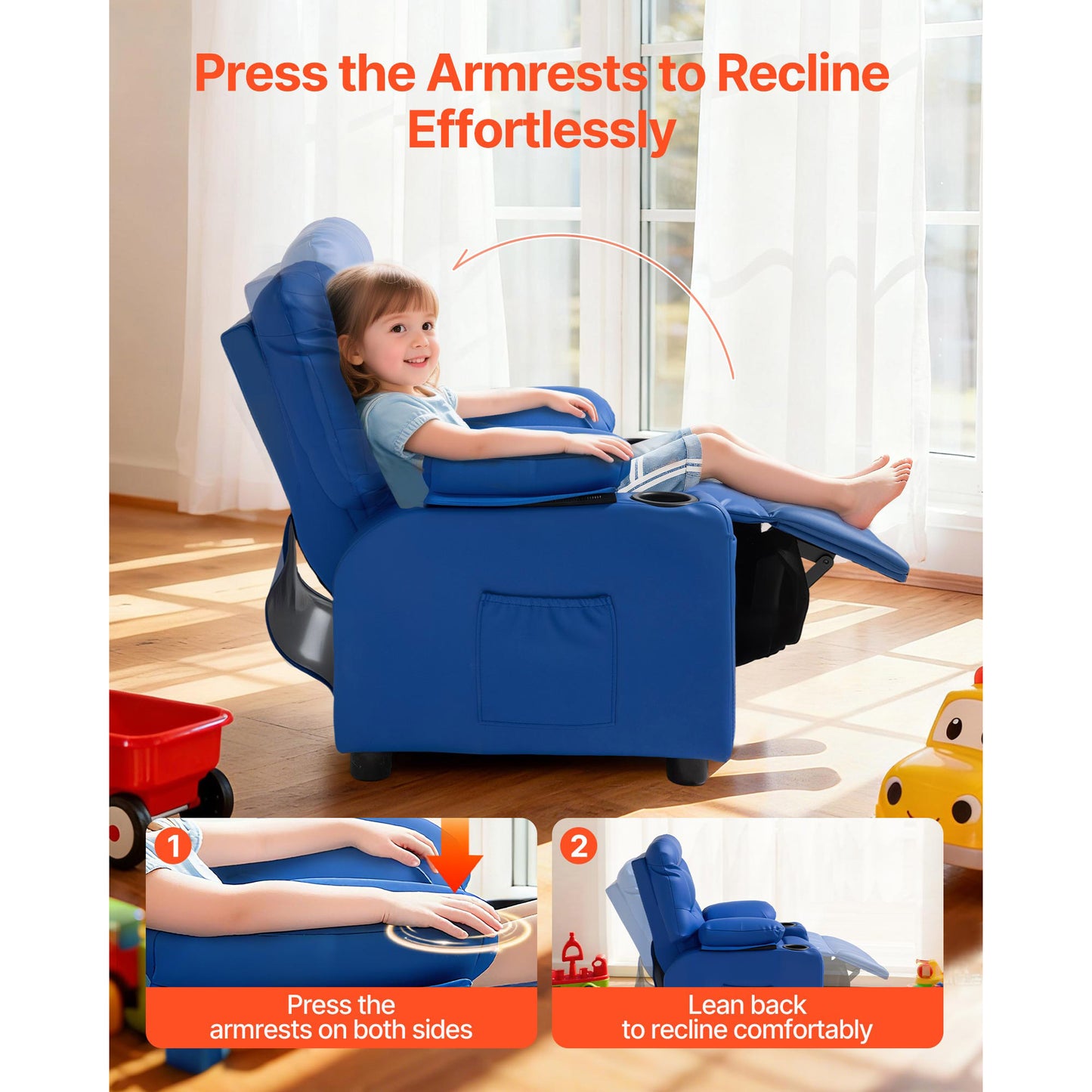 Kids Reclining Chair with Footrest & Cup Holders - Adjustable Toddler Recliner for Boys & Girls, Blue