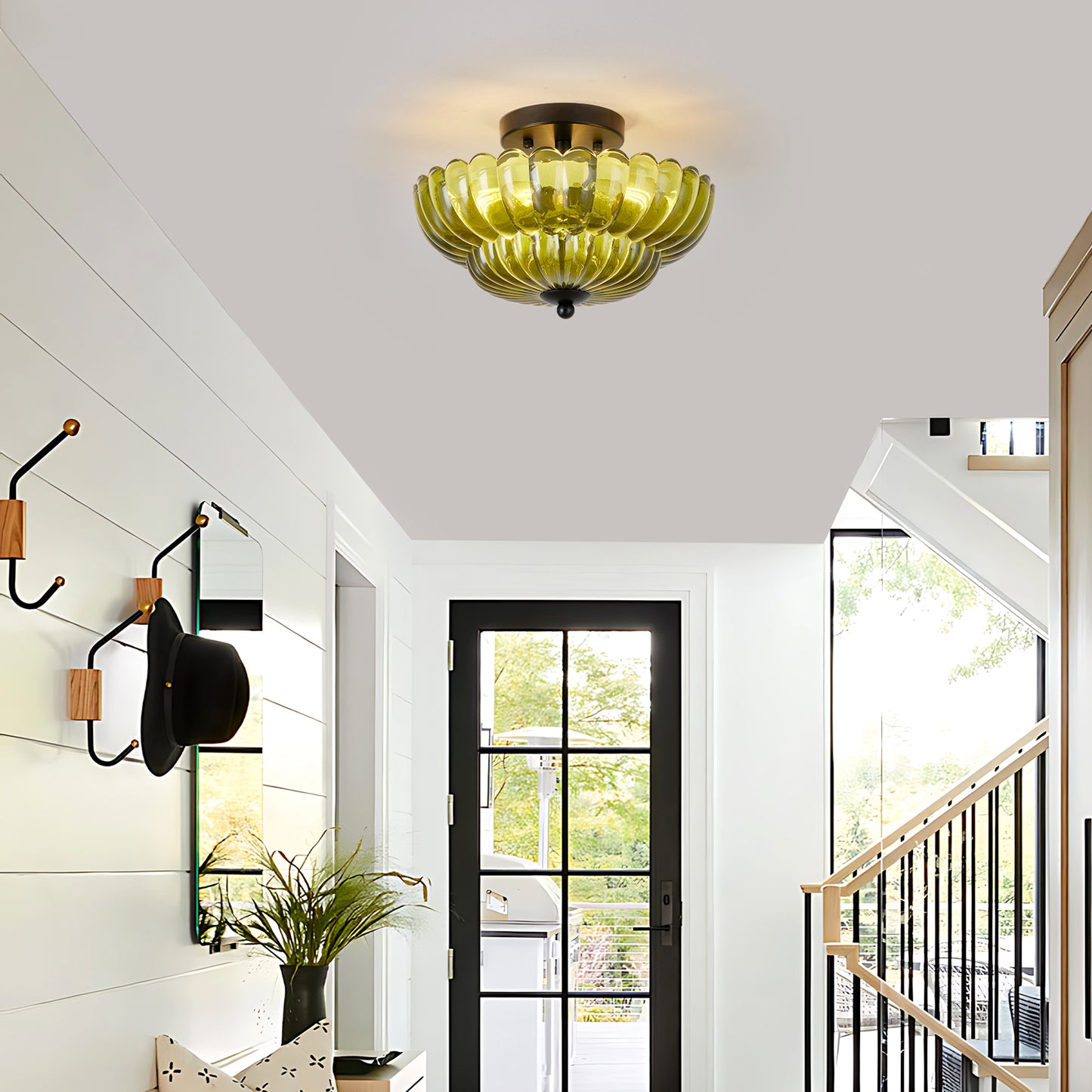 Green Glass Semi Flush Mount Ceiling Light - 3-Bulb Modern Fixture for Living Room & Bedroom