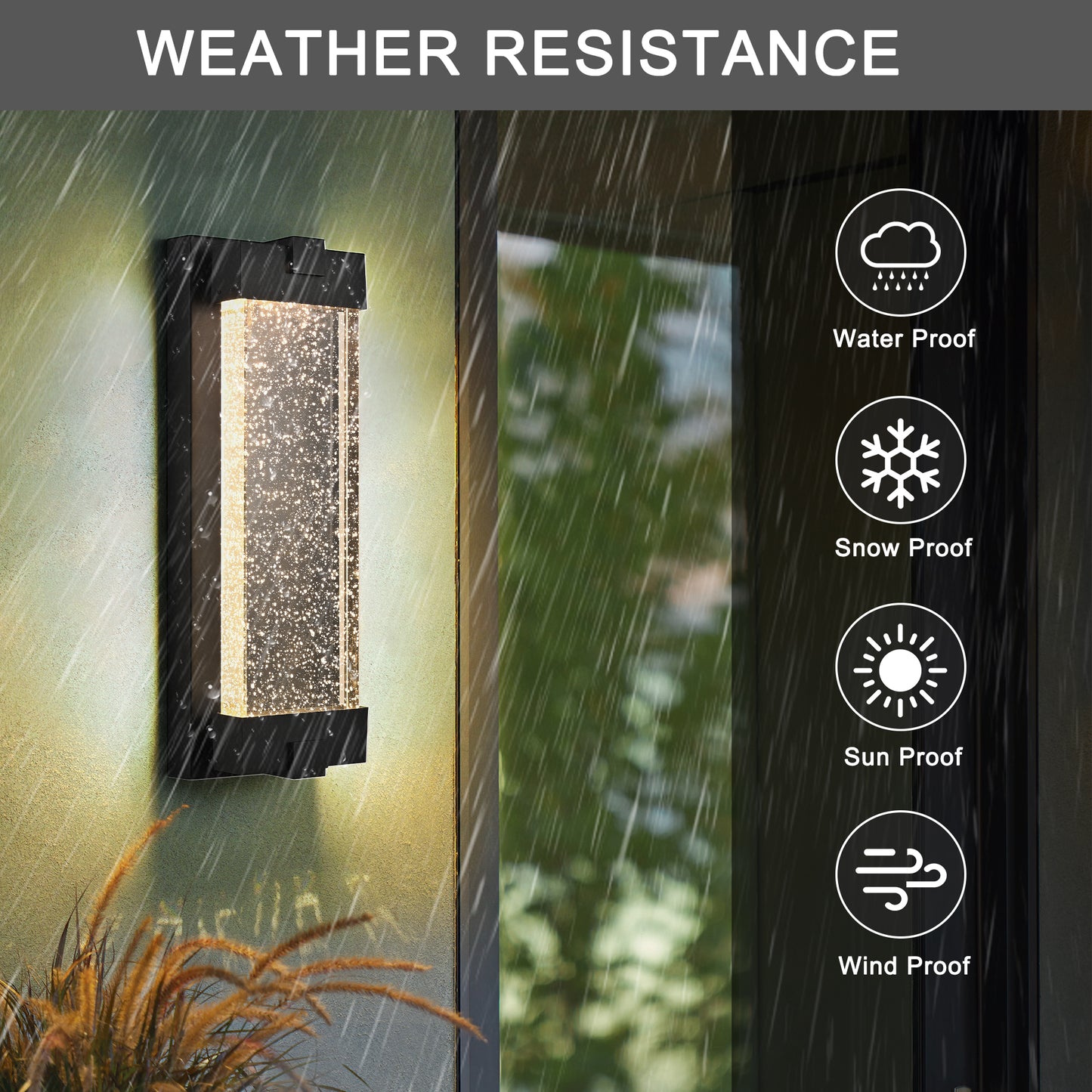 19-Inch Black Aluminum Outdoor Wall Light with Bubble Crystal Glass - Weatherproof Sconce with LED 3000K Warm Light