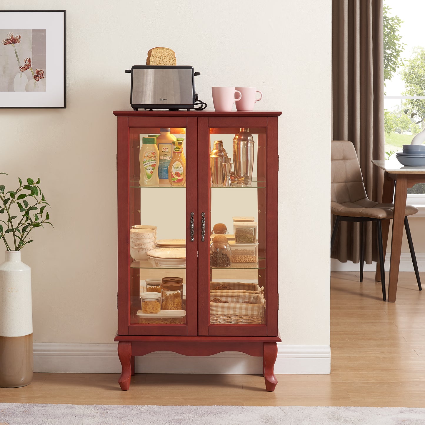 Lighted Curio Cabinet with Glass Doors & Adjustable Shelves - Cherry