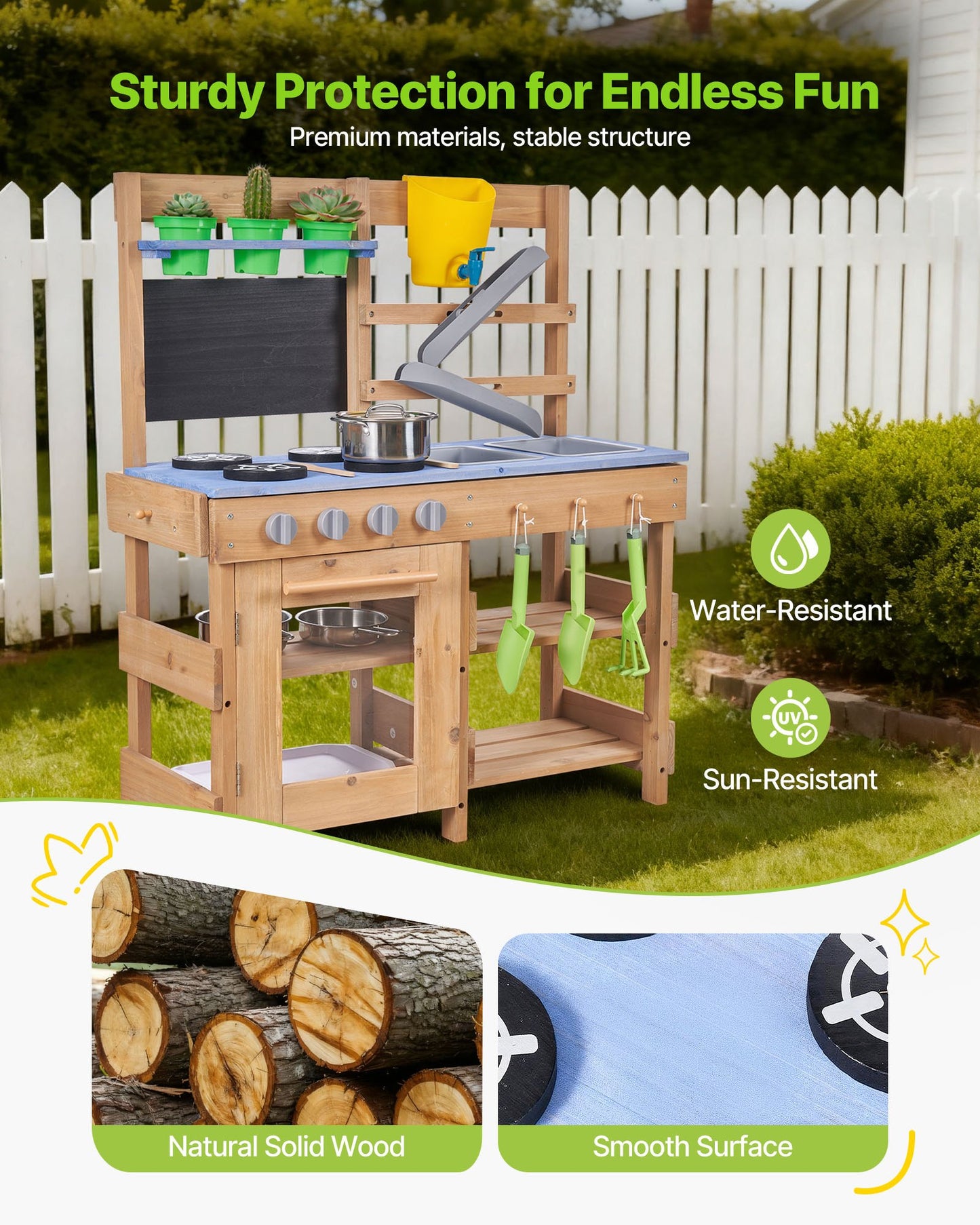 Outdoor Mud Kitchen for Kids with Sinks, Stoves & Accessories - Wooden Play Set