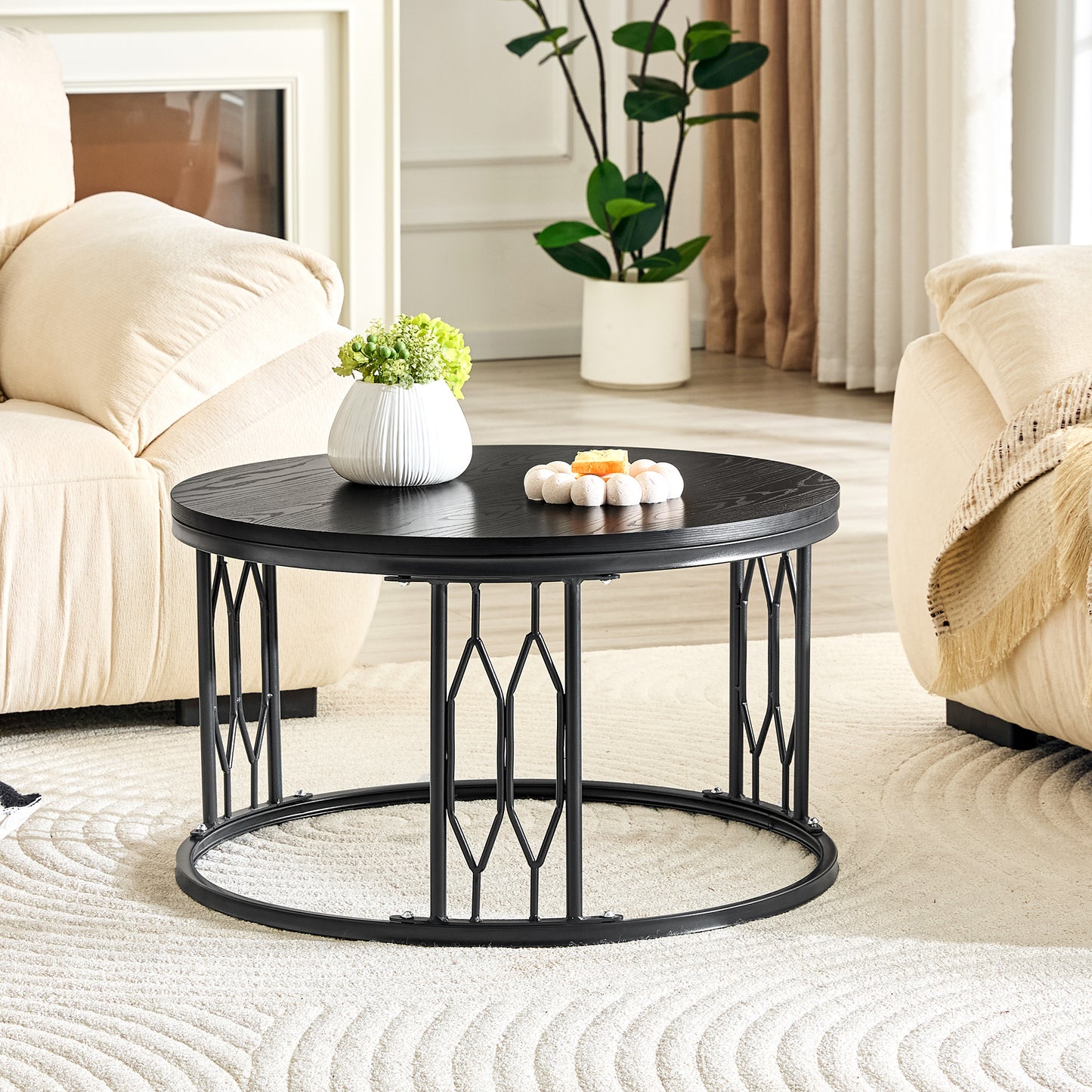 Black Round Coffee Table - 27.5-Inch MDF with Metal Legs