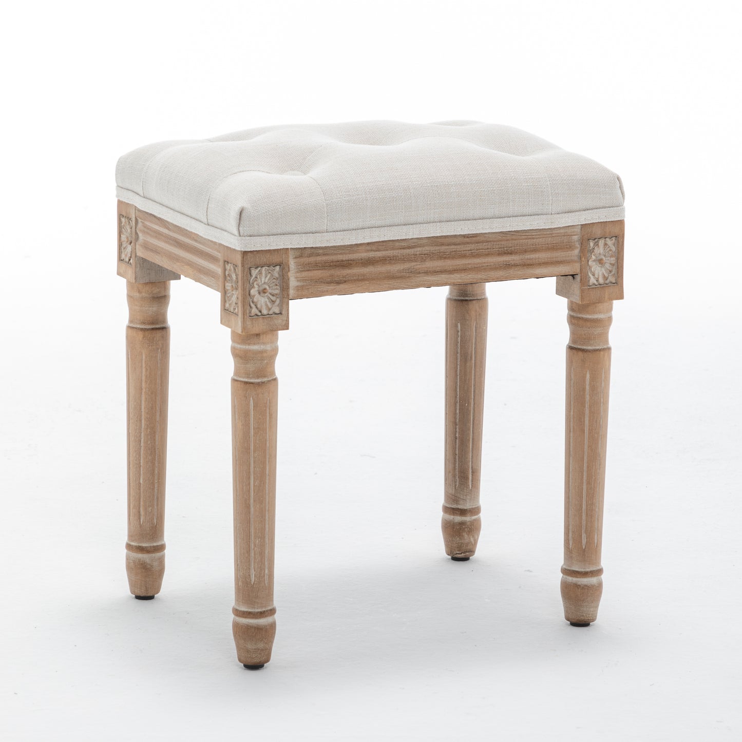 Tufted Vanity Stool with Linen Upholstery and Solid Wood Legs - Beige