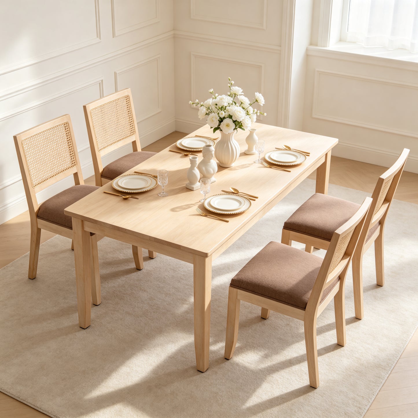 Rattan Dining Chairs Set of 2 - Mid Century Modern Tan