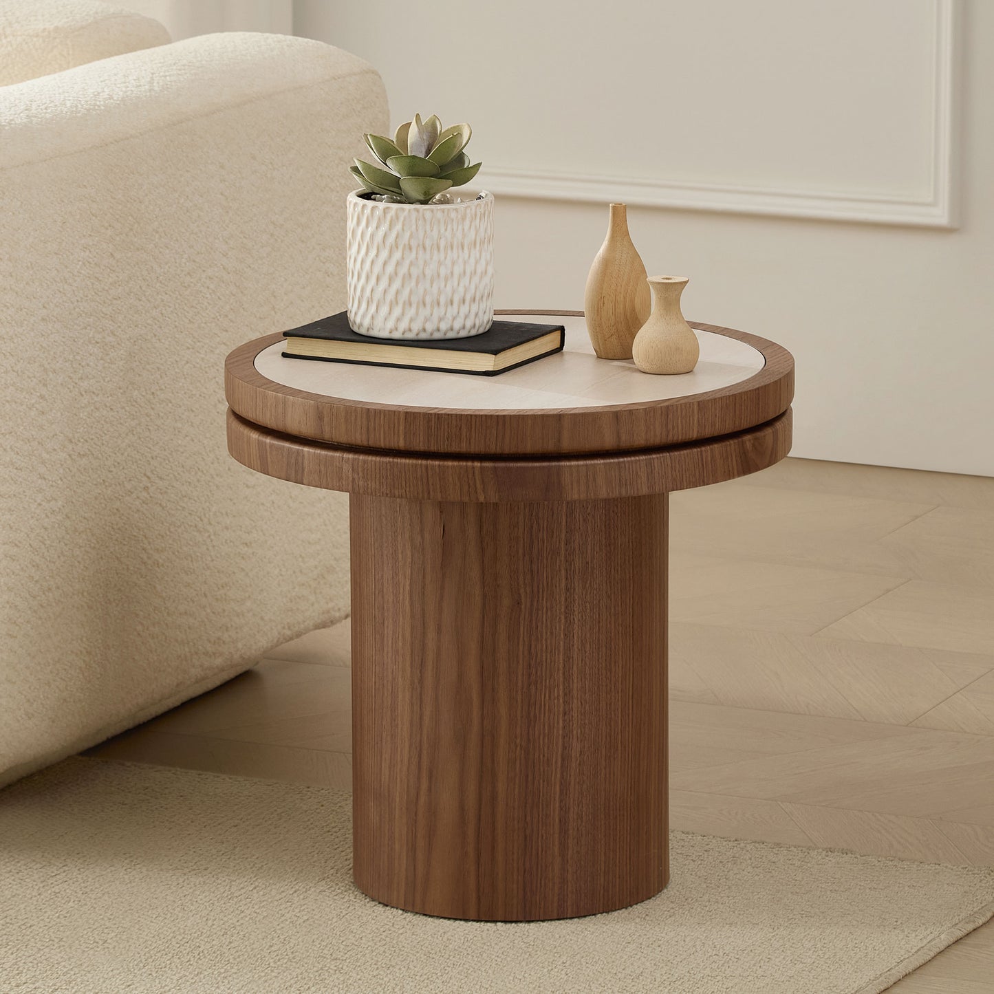 Round MDF Side Table with Sintered Stone Top - Walnut
