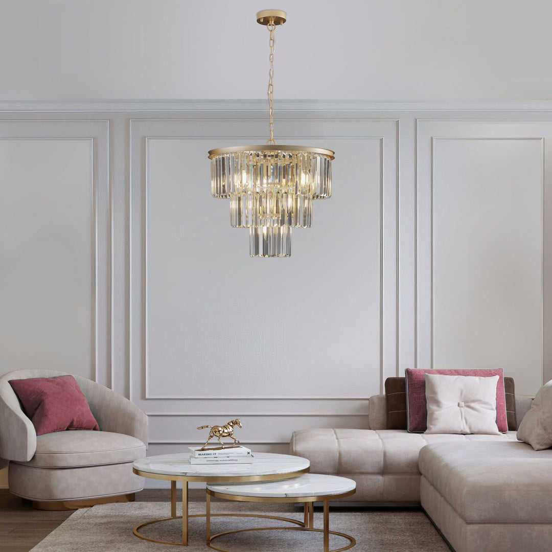 Elegant 3-Tier Crystal Chandelier - Gold Frame Pendant Light