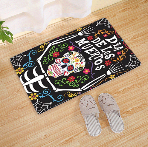 Halloween Flannel Floor Mat Non-Slip Bathroom Door Rug Skull Design