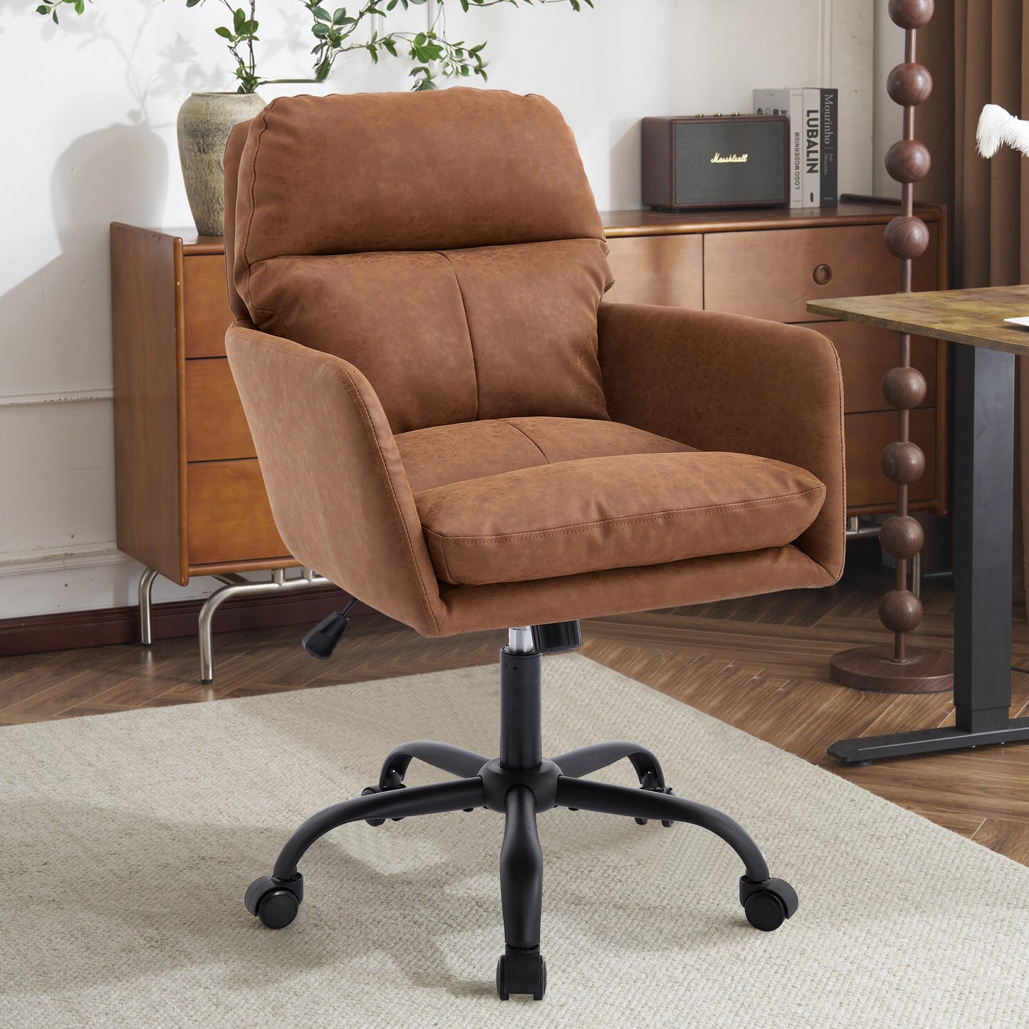 Adjustable Height Office Chair - PU Leather, Brown