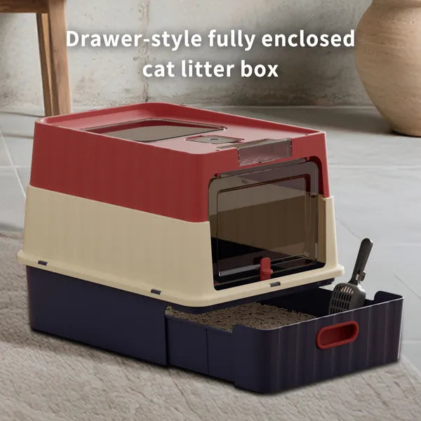 Red Cat Litter Box with Drawer Style Design, Space-Saving Pet Waste Solution