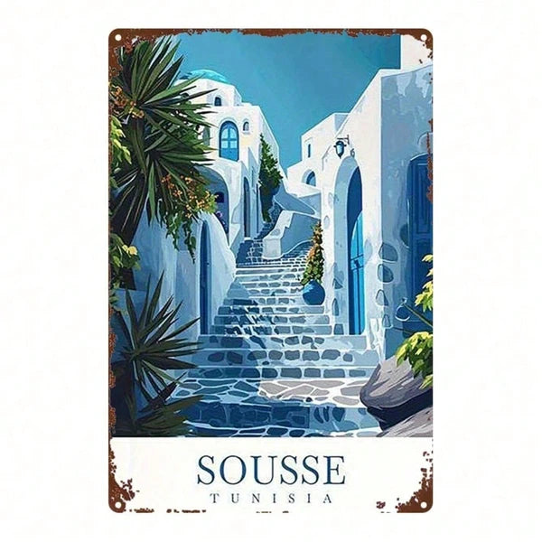 Blue Mediterranean Metal Wall Sign - 8x12 Inch Plaque Art