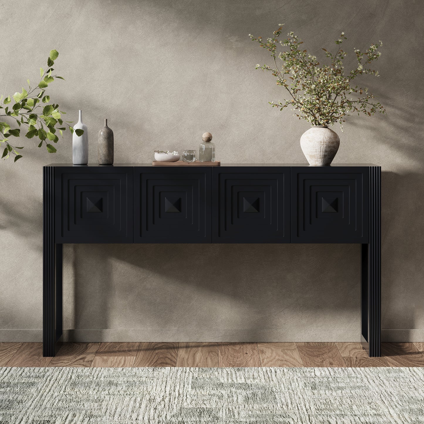 Geometric Carved Console Table with 3 Soft-Close Drawers - Black