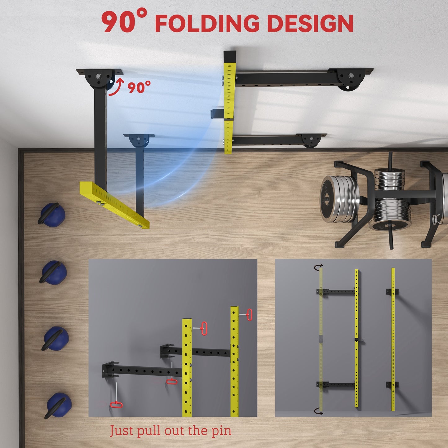 Adjustable Wall-Mounted Folding Squat Rack with Pull-Up Bar - Yellow