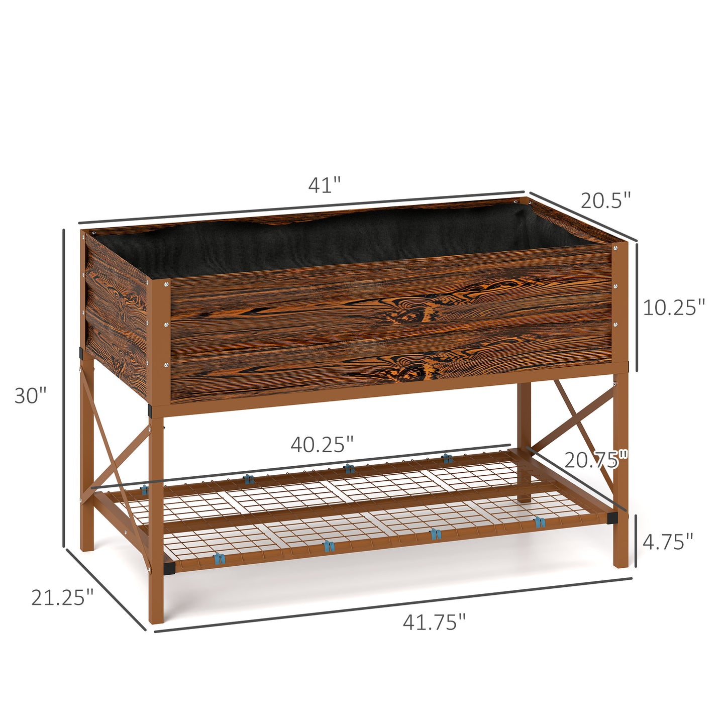 Galvanized Steel Raised Garden Bed with Storage Shelf - Dark Brown, 1180x360x95mm