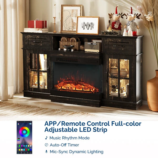 58-Inch Black Gold Oak Electric Fireplace TV Stand with Lattice Glass