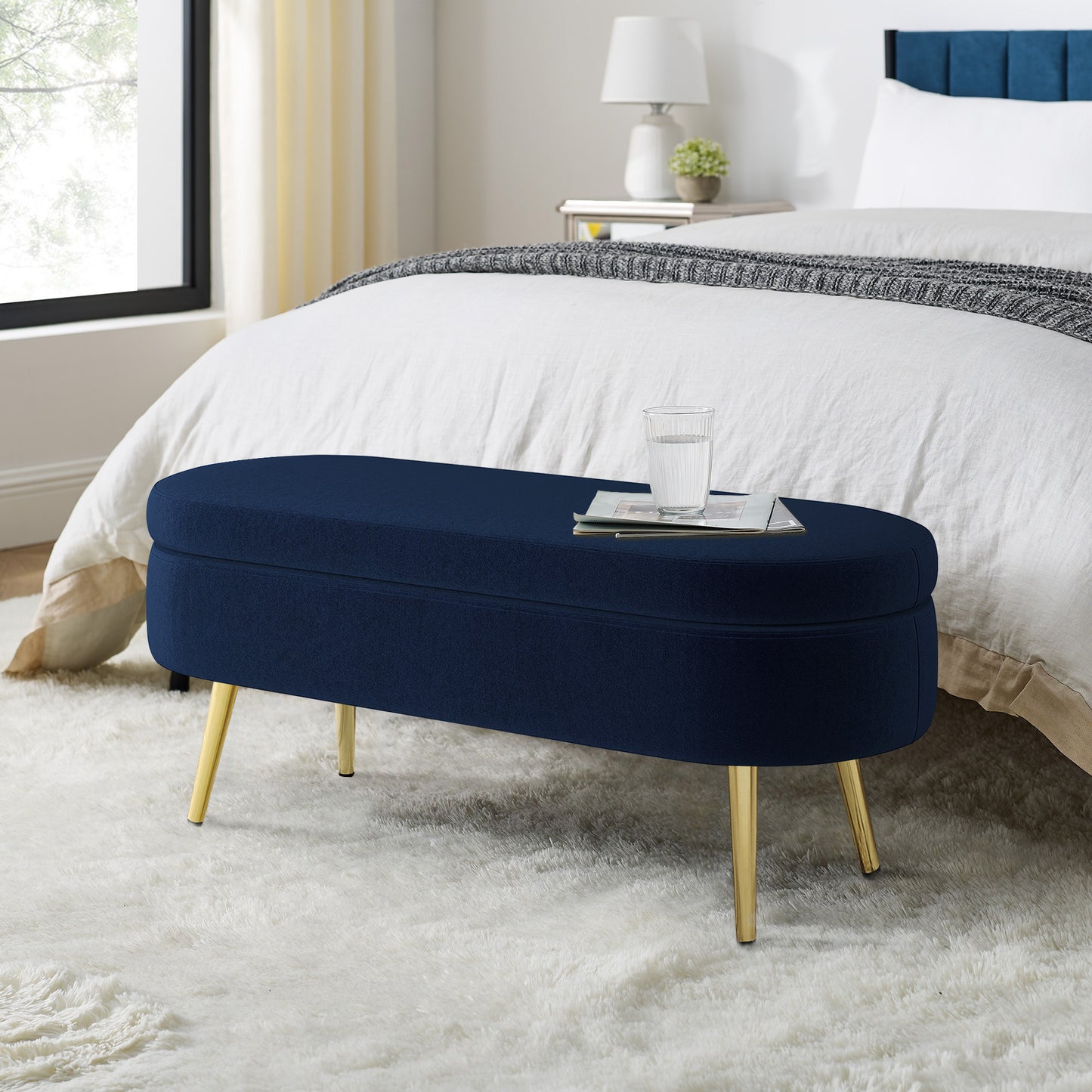 Ottoman Storage Bench - Dark Blue Flannel with Metal Legs