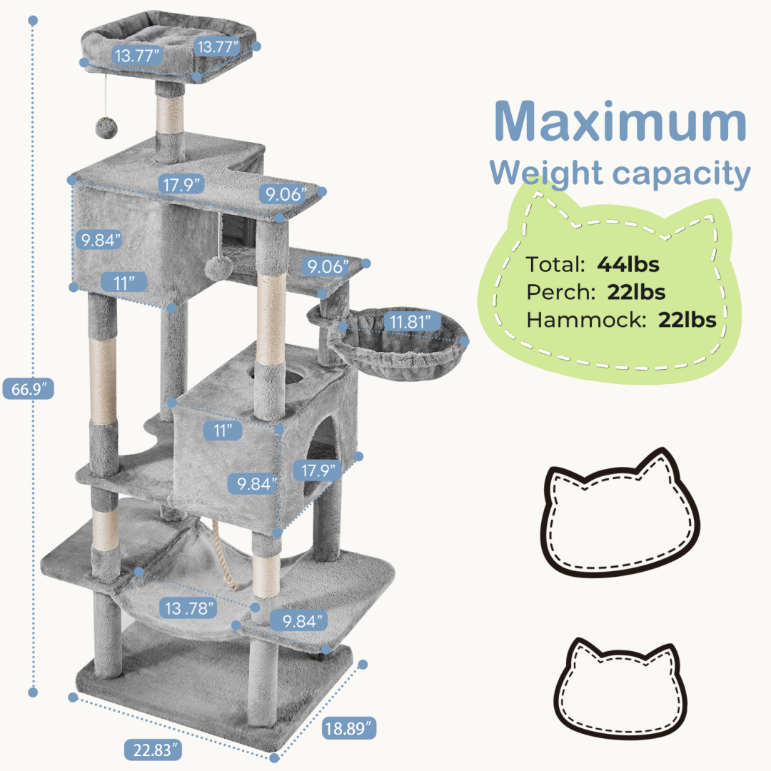 Large 66 Inch Multi-Level Cat Tree Tower with Condos & Hammock - Indoor Pet Furniture