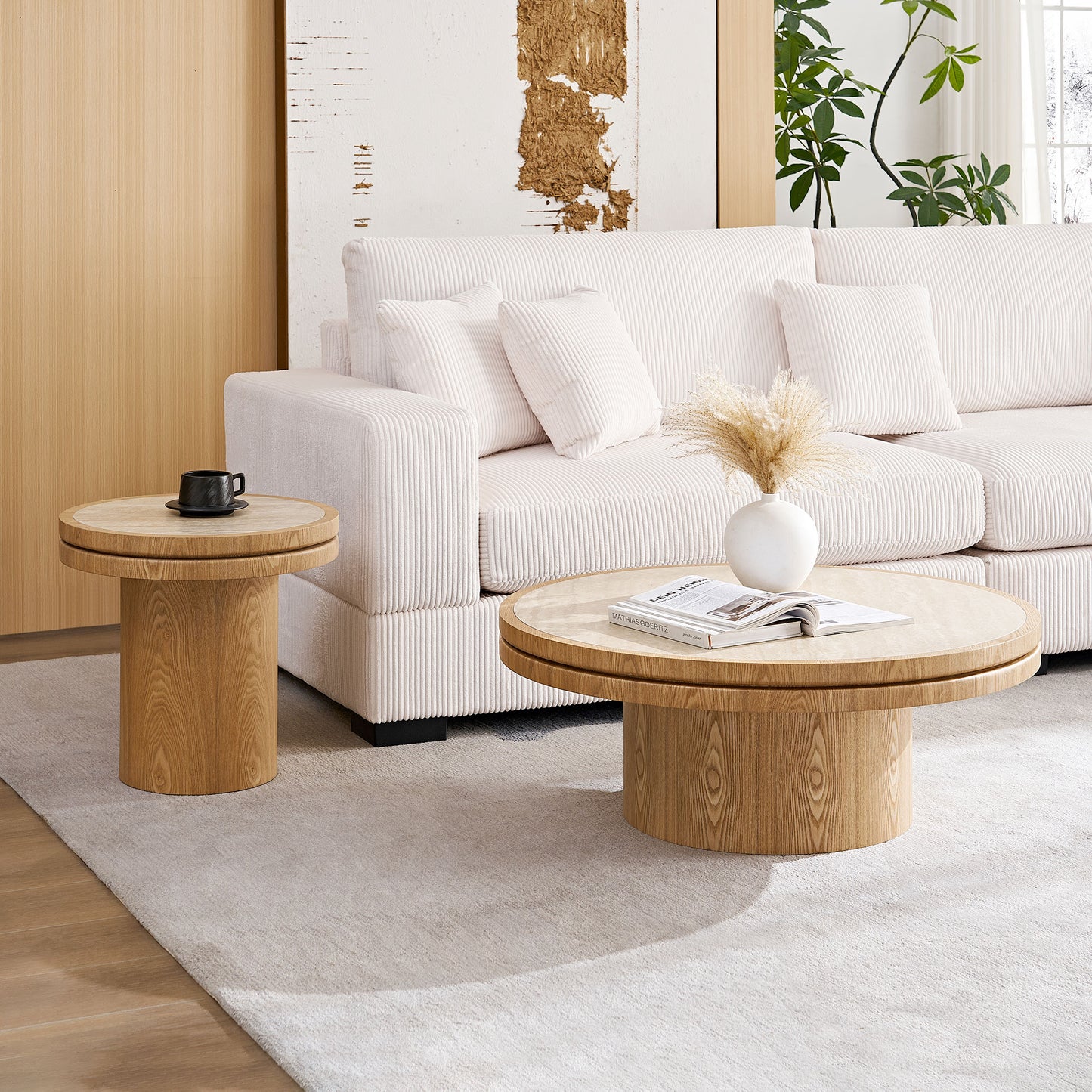 Round Coffee Table Set - 19.49" & 35.43" MDF with Sintered Stone Top - Natural