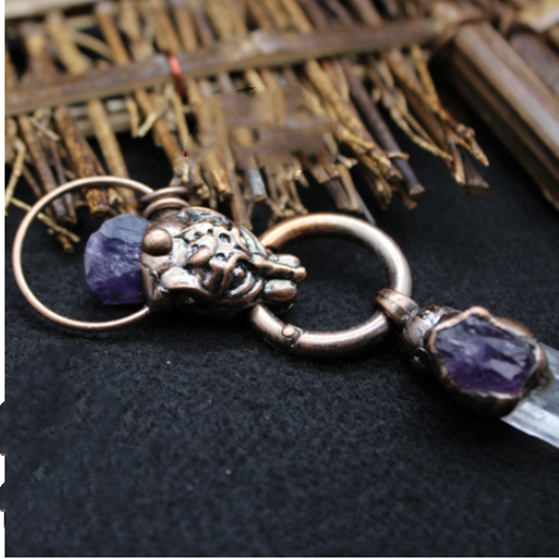 Exaggerated Bull Head Necklace Pendant with Amethyst Crystal - Unisex Jewelry