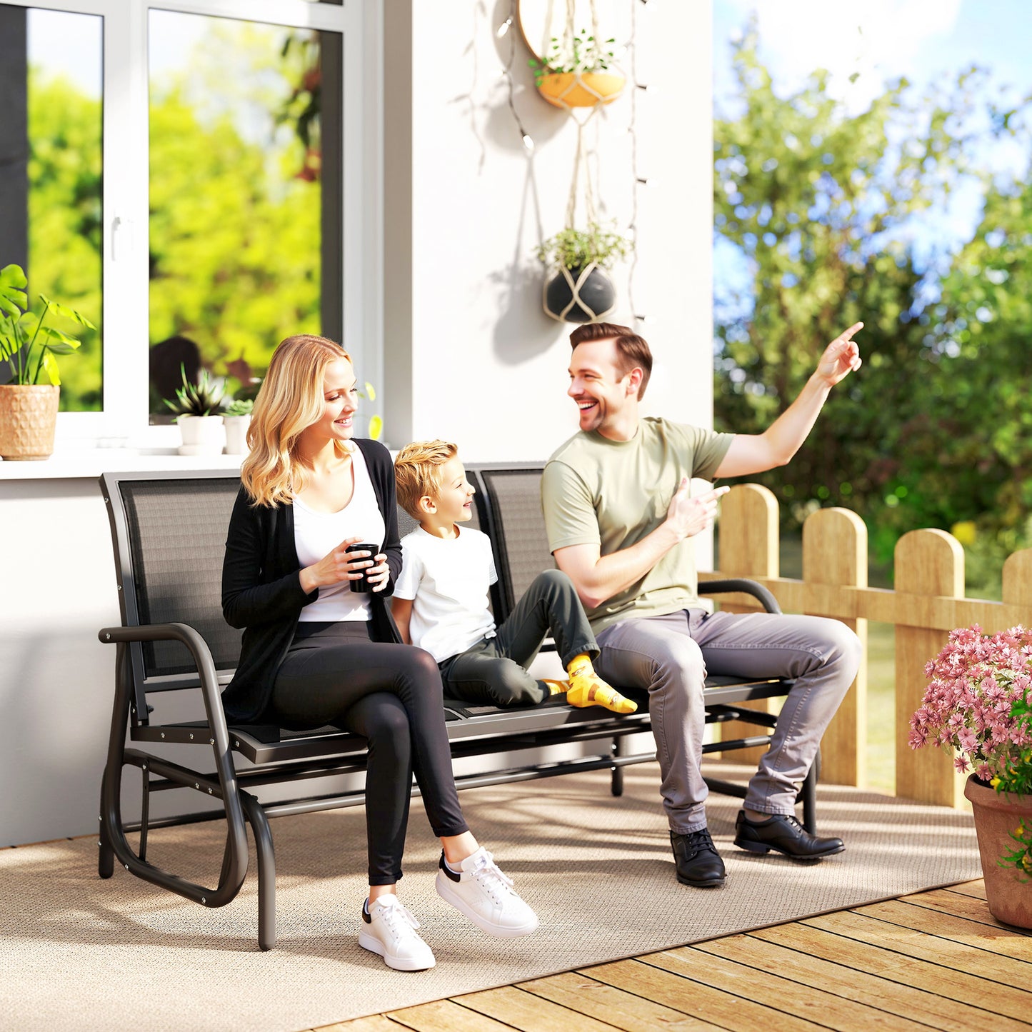 3-Person Outdoor Patio Glider Bench - Black, Breathable Mesh Fabric