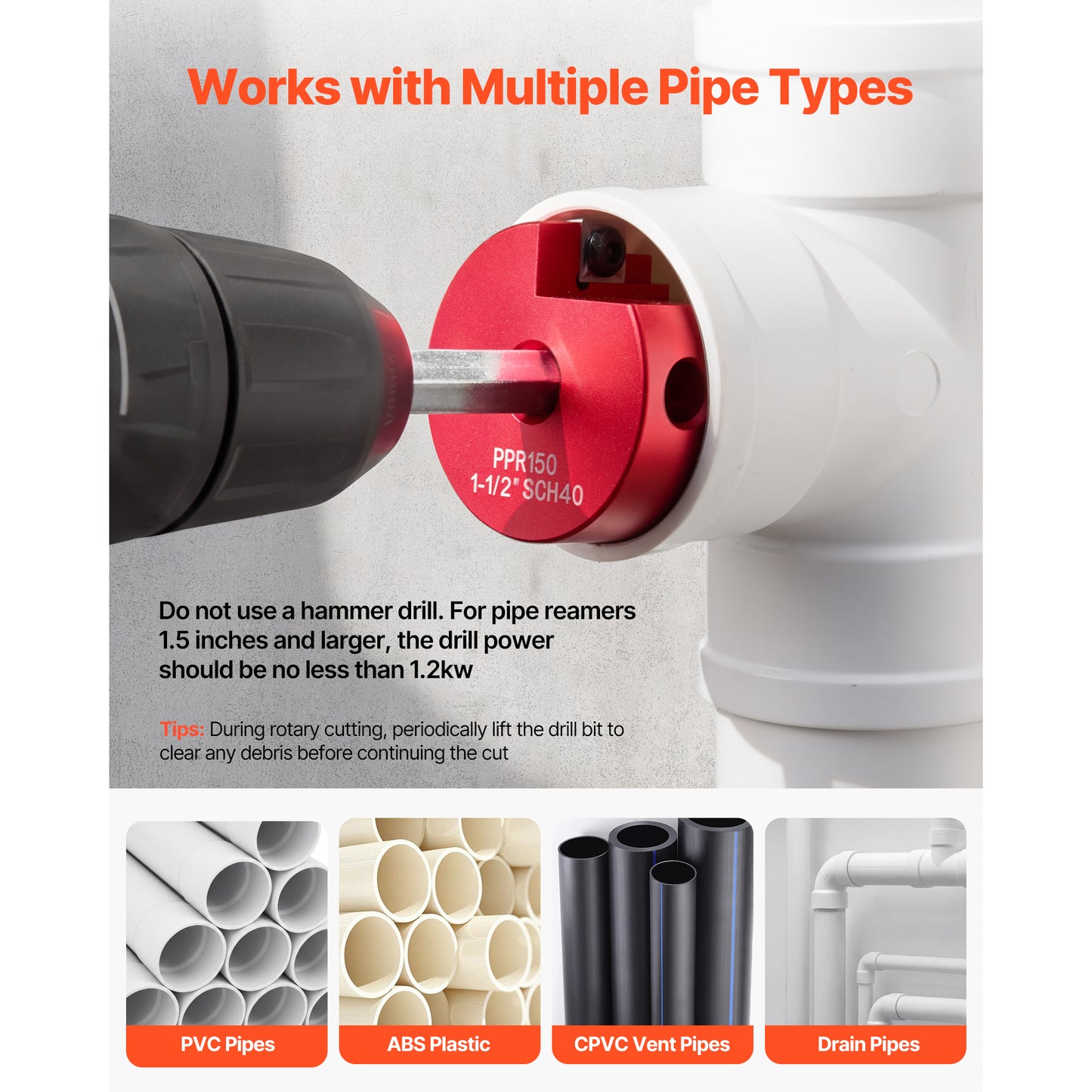 PVC Pipe Reamer Kit 5-Piece Plumbing Tool for PVC ABS CPVC Drain & Vent Pipes