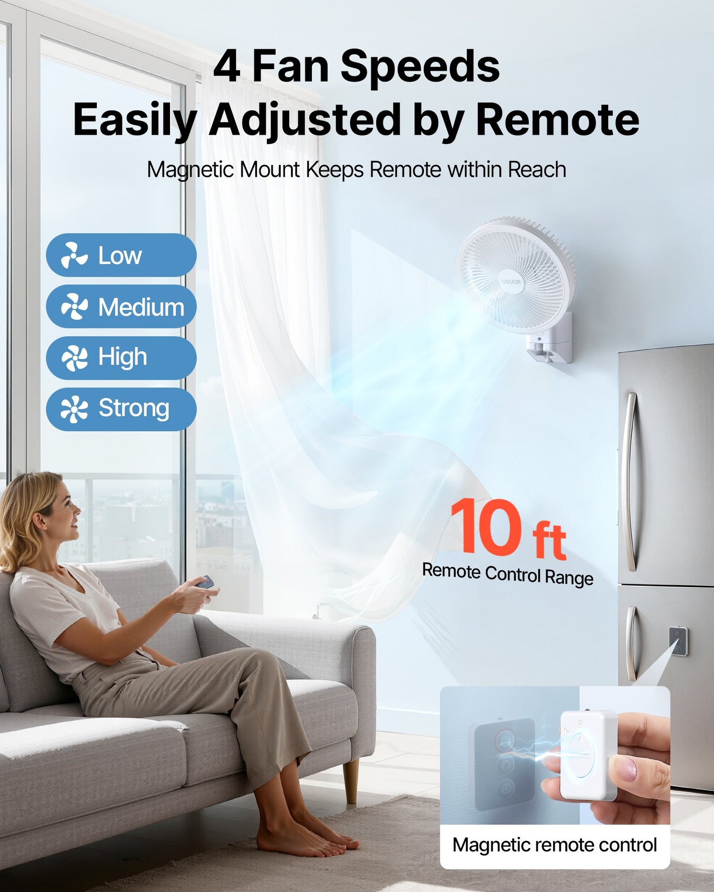 8.5-In Wall Mount Oscillating Fan with Remote Control, 4 Speeds & Timer