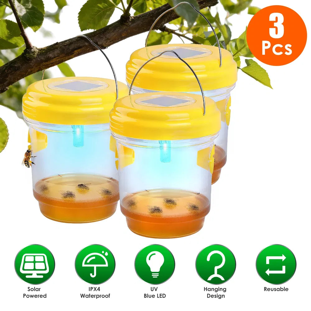3-Pack Solar Wasp Traps with UV Light - Insect Catchers