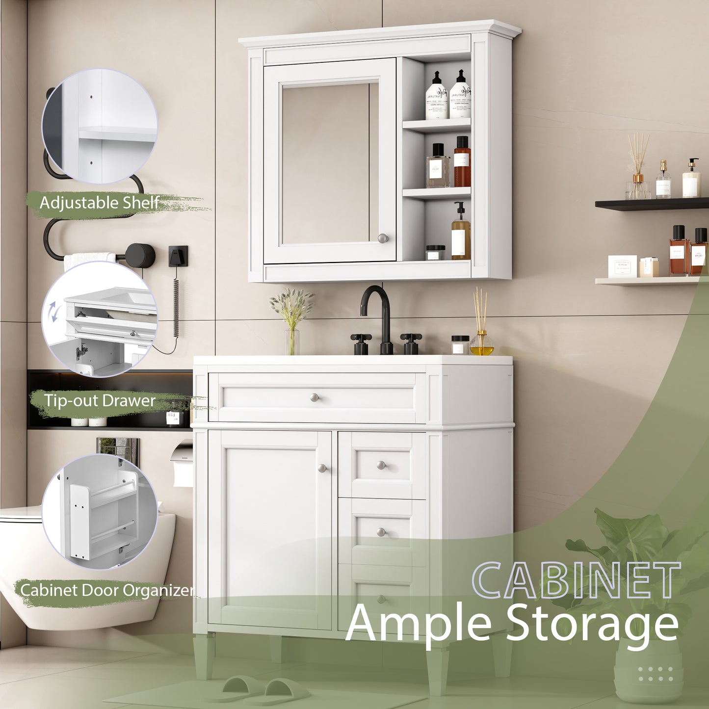30'' Modern Bathroom Vanity with Sink & Mirror Cabinet - White