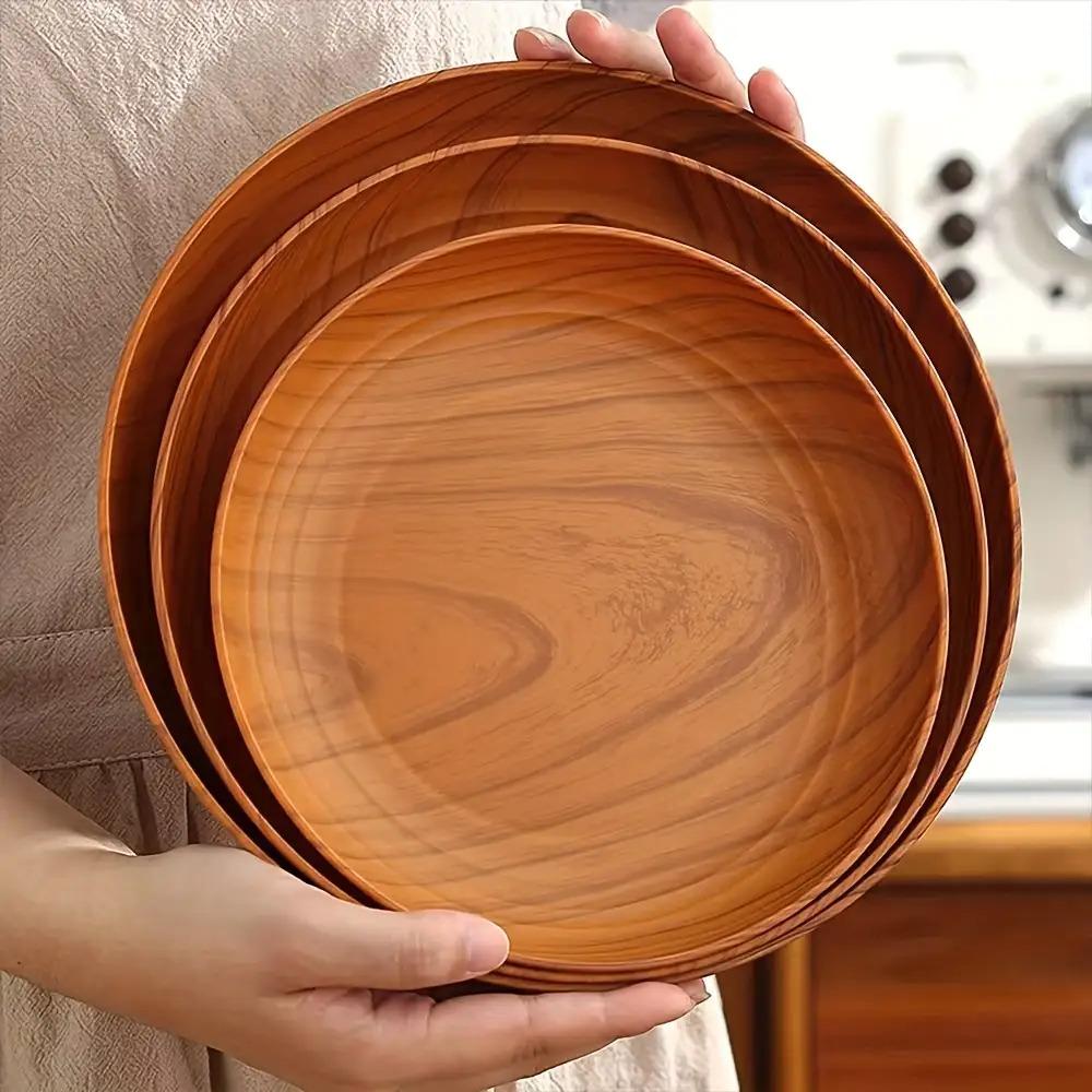 10 Creative Wood Grain Plastic Plates - Round Striped Design,