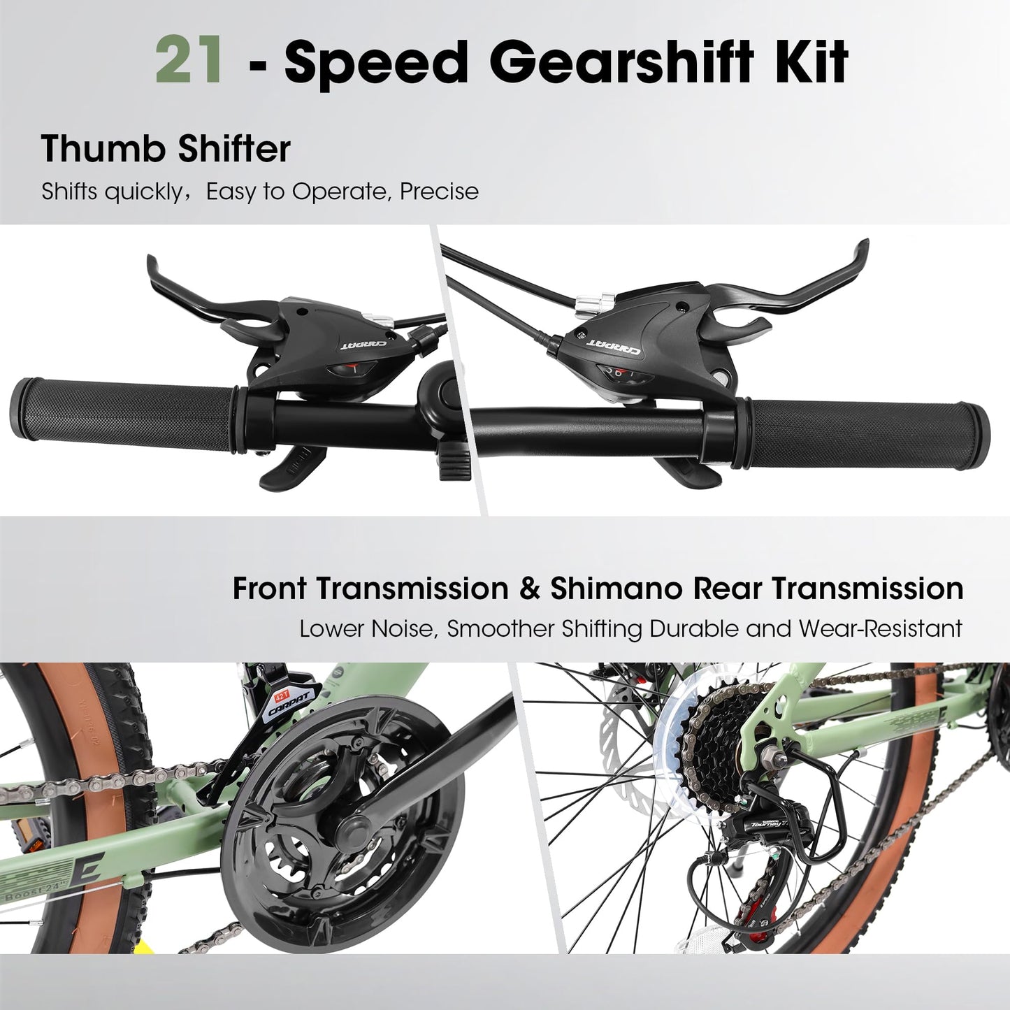 24 Inch Mountain Bike for Teenagers - High Carbon Steel Frame, Disc Brakes, Green