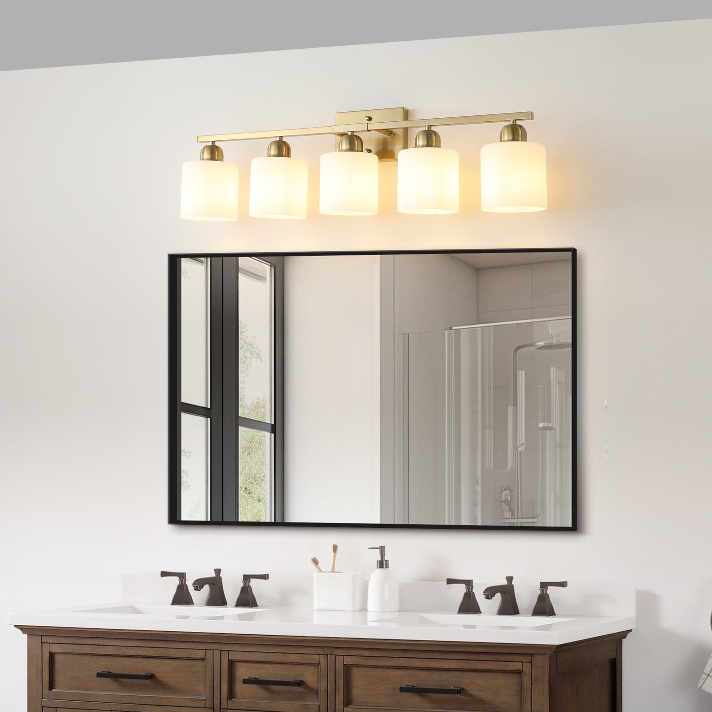 5-Light Modern Bathroom Vanity Light Fixture - Gold with Frosted Glass Shades