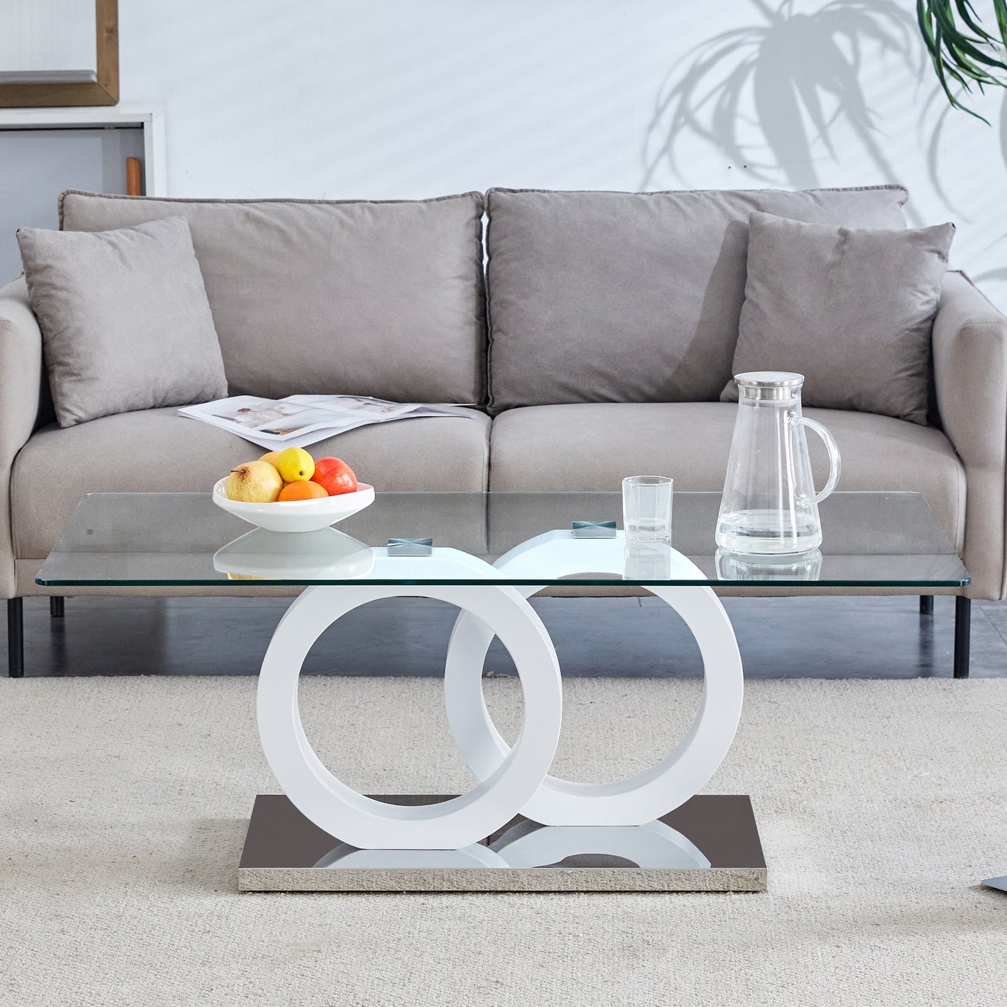 Modern Glass-Top MDF Coffee Table with White Base - 47.2x25.6x17.8 Inches