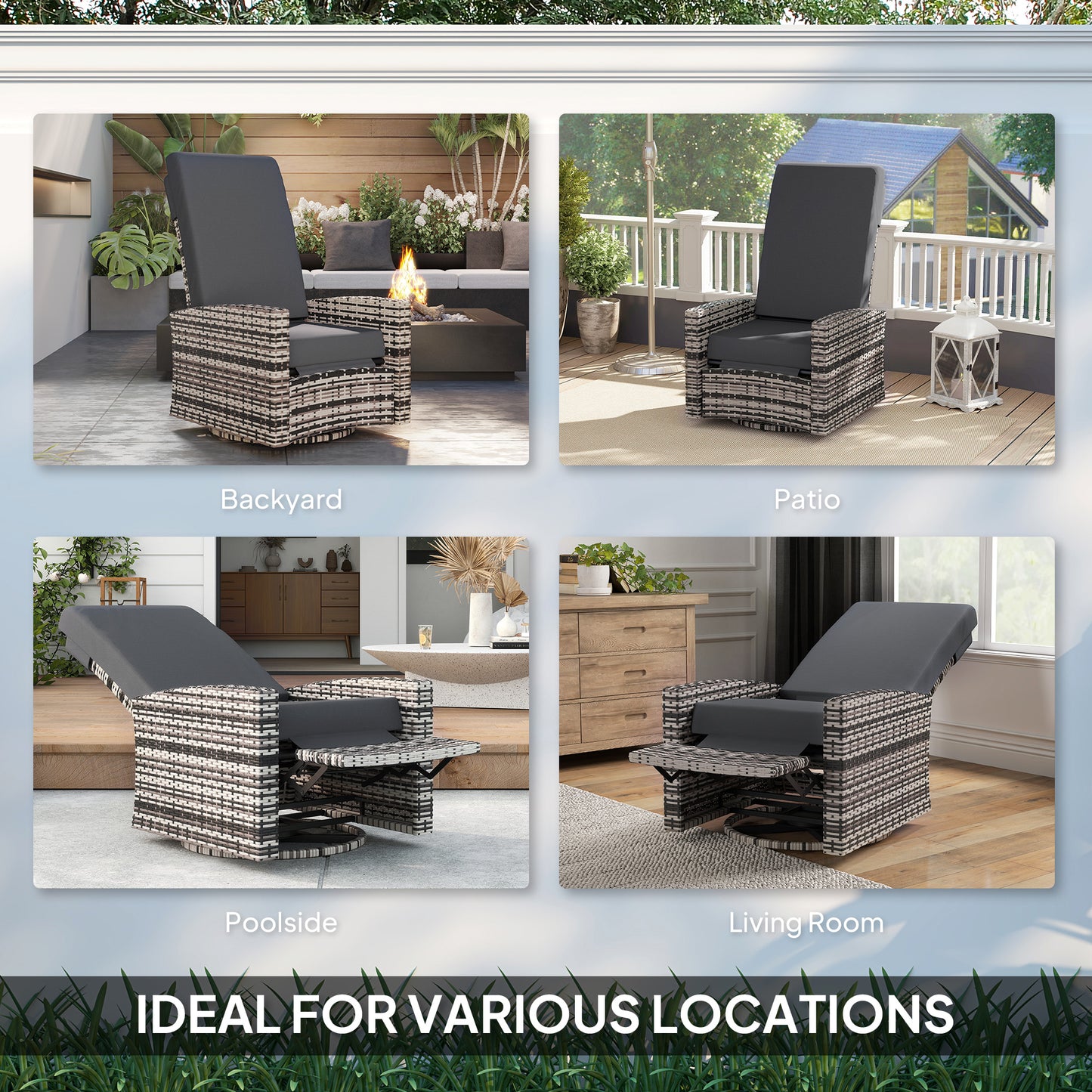 Outdoor Wicker Swivel Recliner Chair with Lifting Footrest - Gray