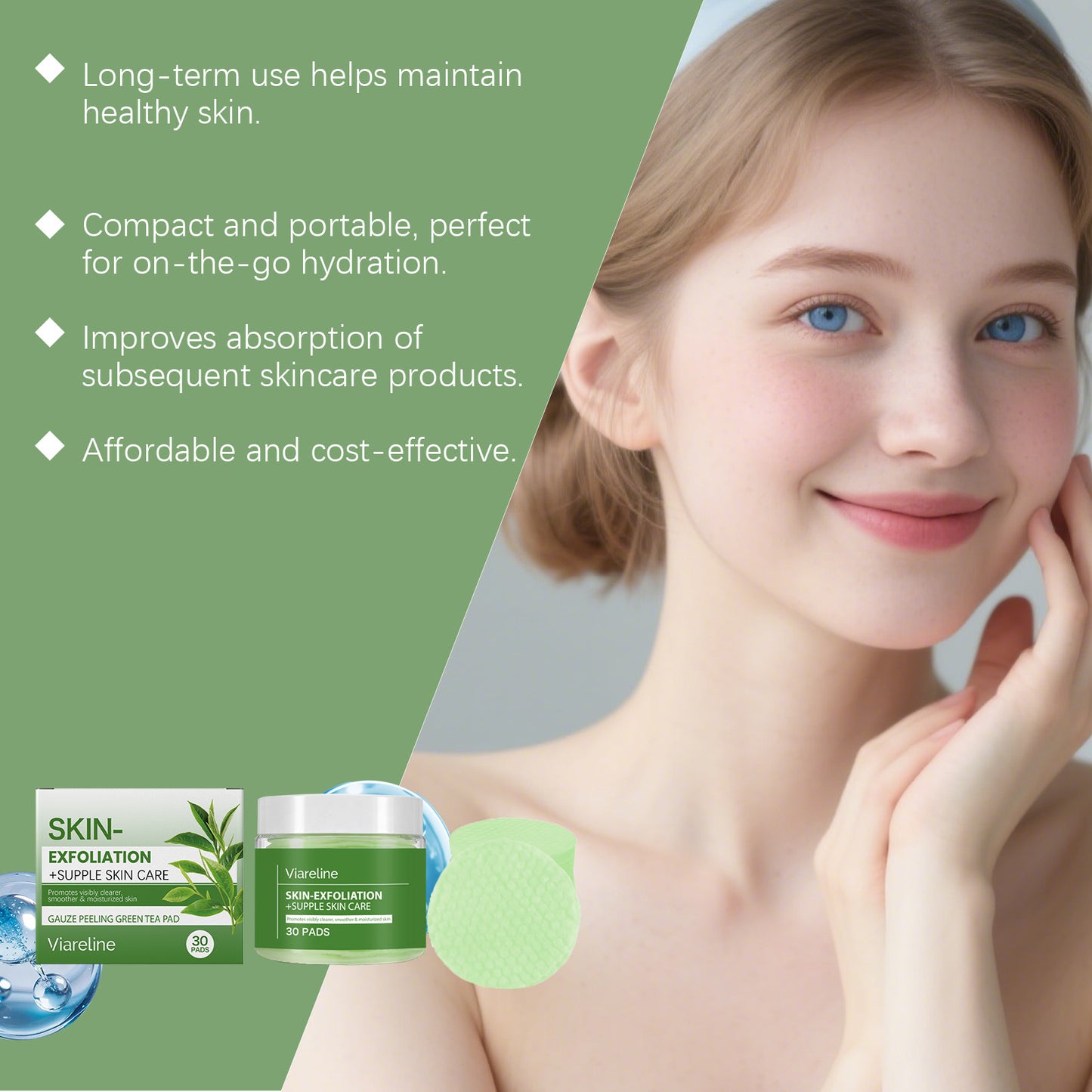 Green Tea Exfoliating Cotton Pads 30-Pack for Face Skin Care