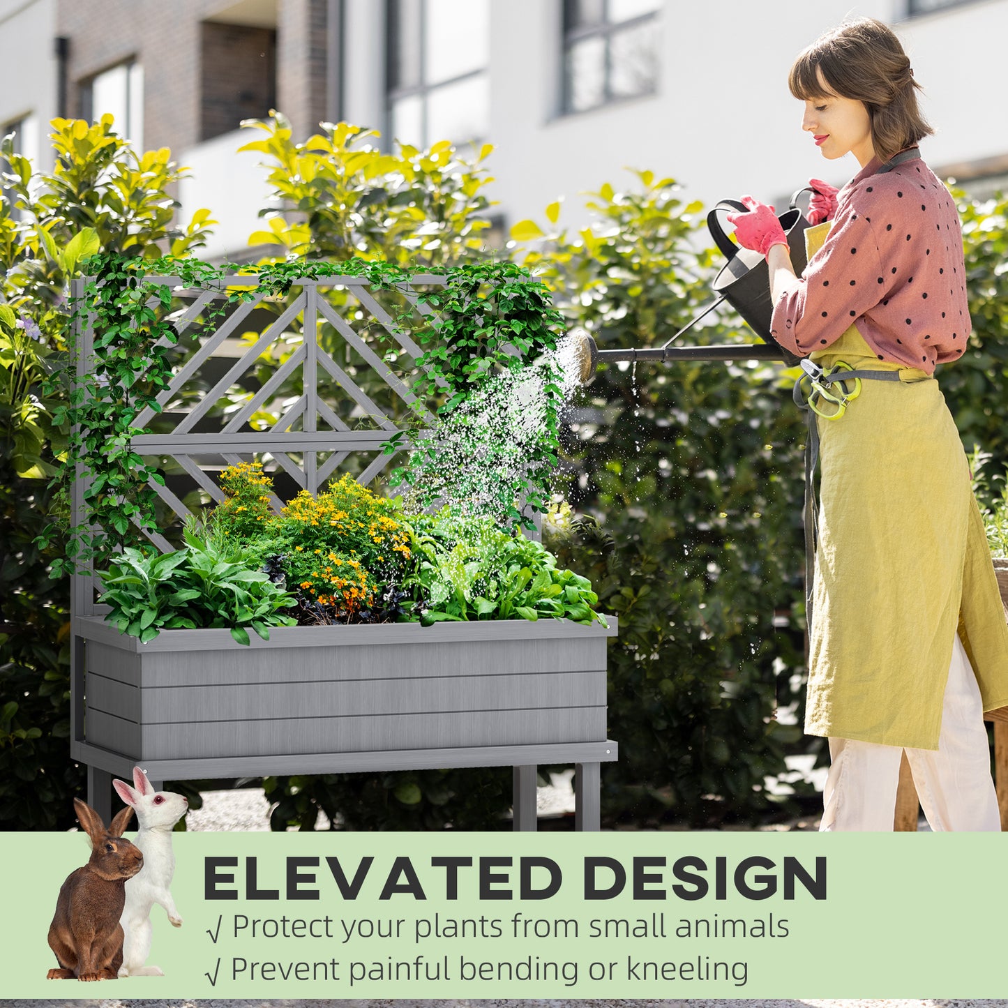 Wood Planter with Trellis for Climbing Plants - Raised Garden Bed, Gray
