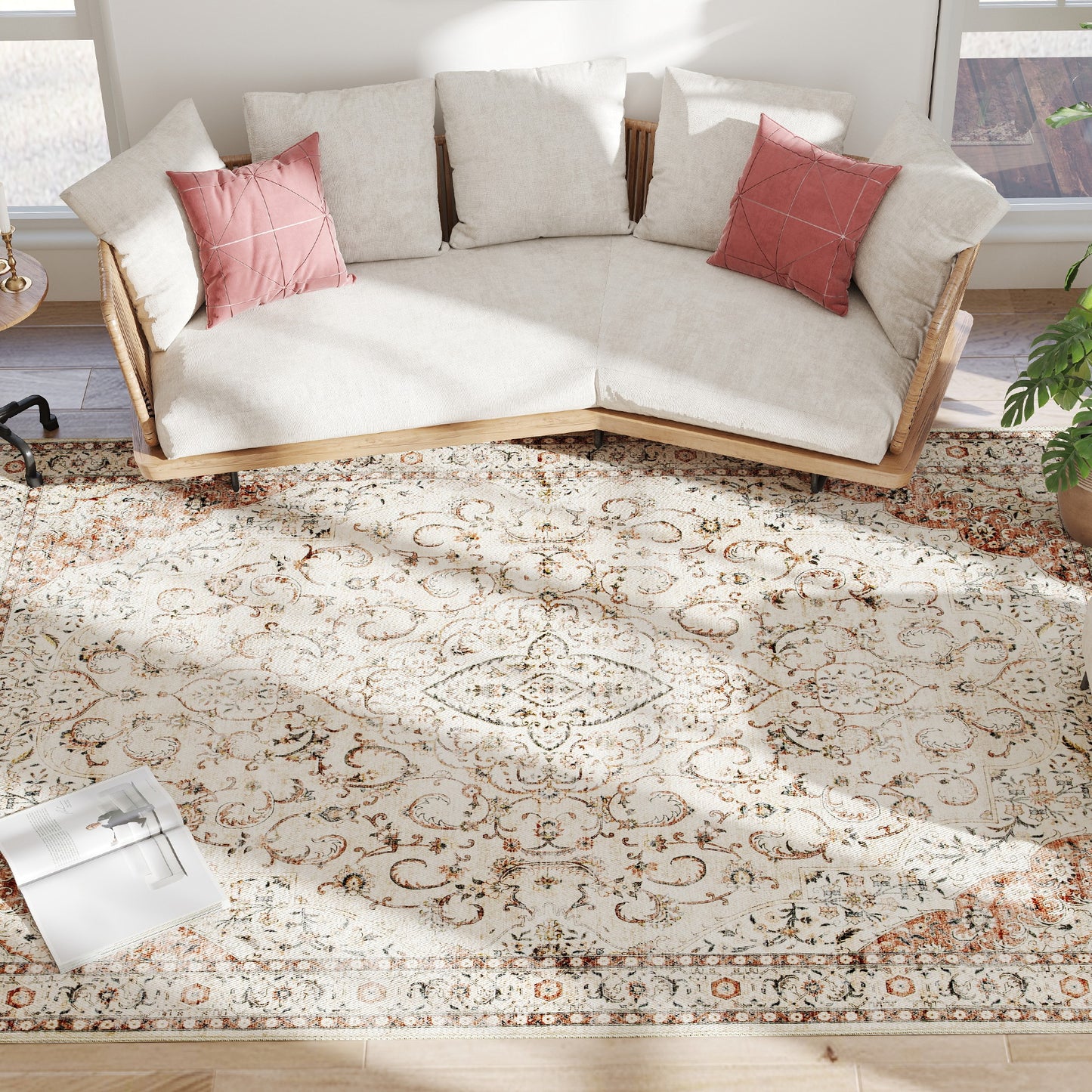 Machine Washable Floral Area Rug 8x10 - Non-Slip Mixed-Brown