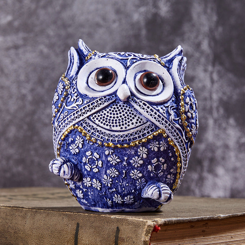 Blue and White Owl Resin Ornaments - Home Decor Garden Accents