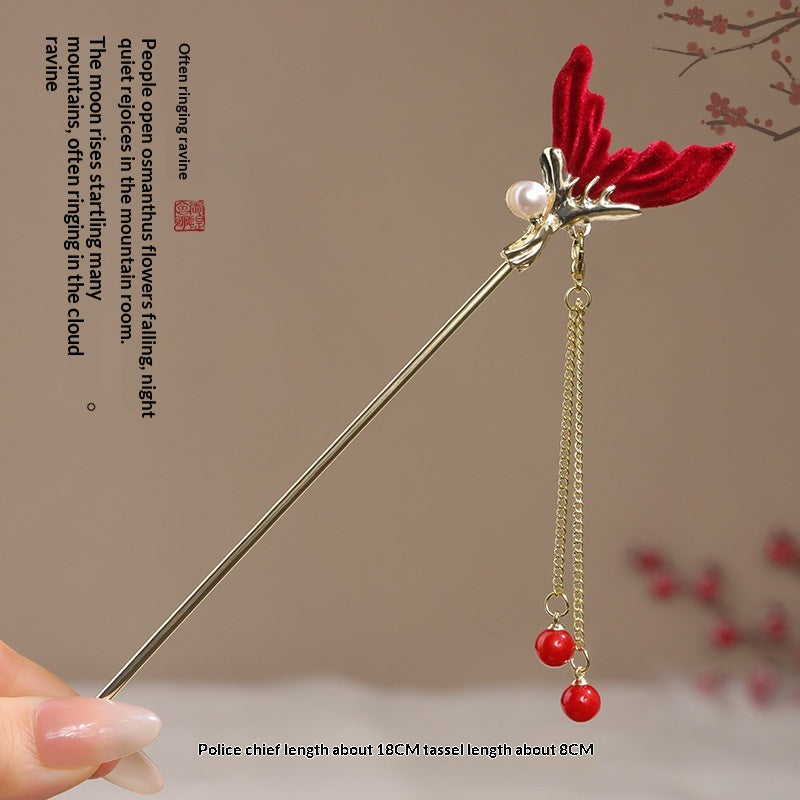 Vintage Floral Hair Stick with Red Flowers and Gold Leaves - Women’s Hair Accessory