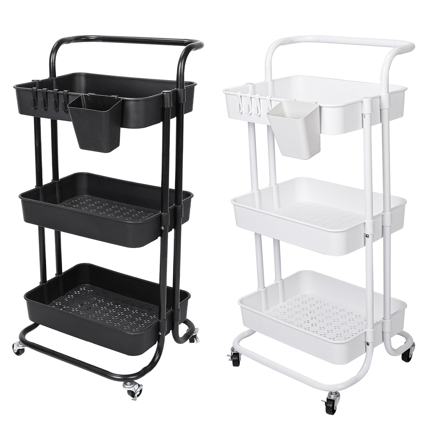 3-Tier Rolling Utility Cart with Mesh Baskets and Lockable Wheels