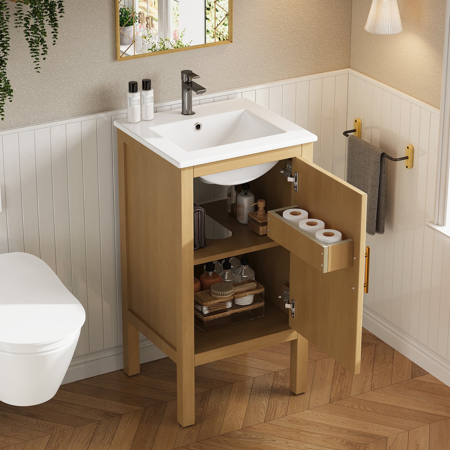 18 Bathroom Cabinet With Storage, Small Space Solution Ceramic Sink,