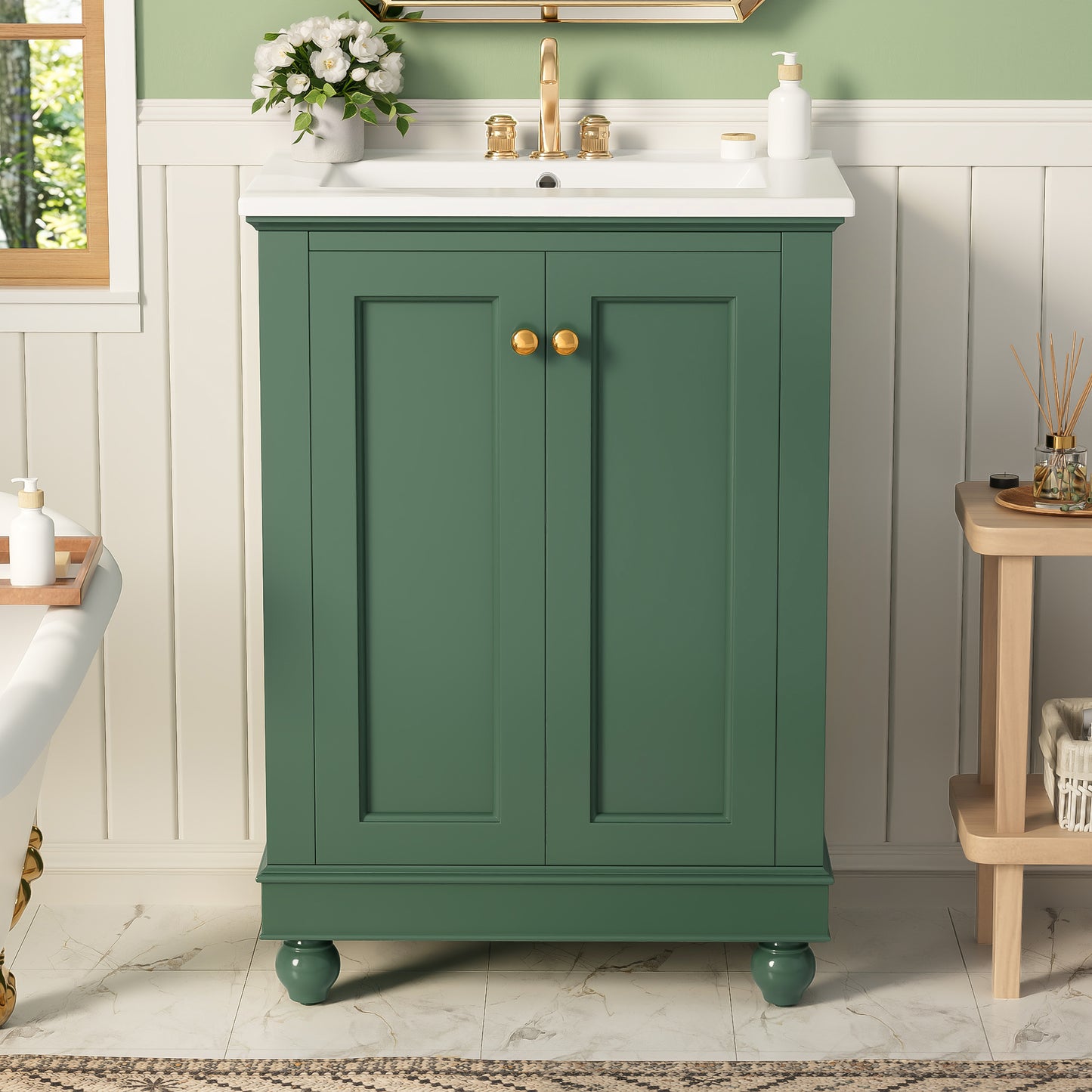 24 Inch Green Modern Bathroom Vanity Cabinet with Soft-Closing Storage