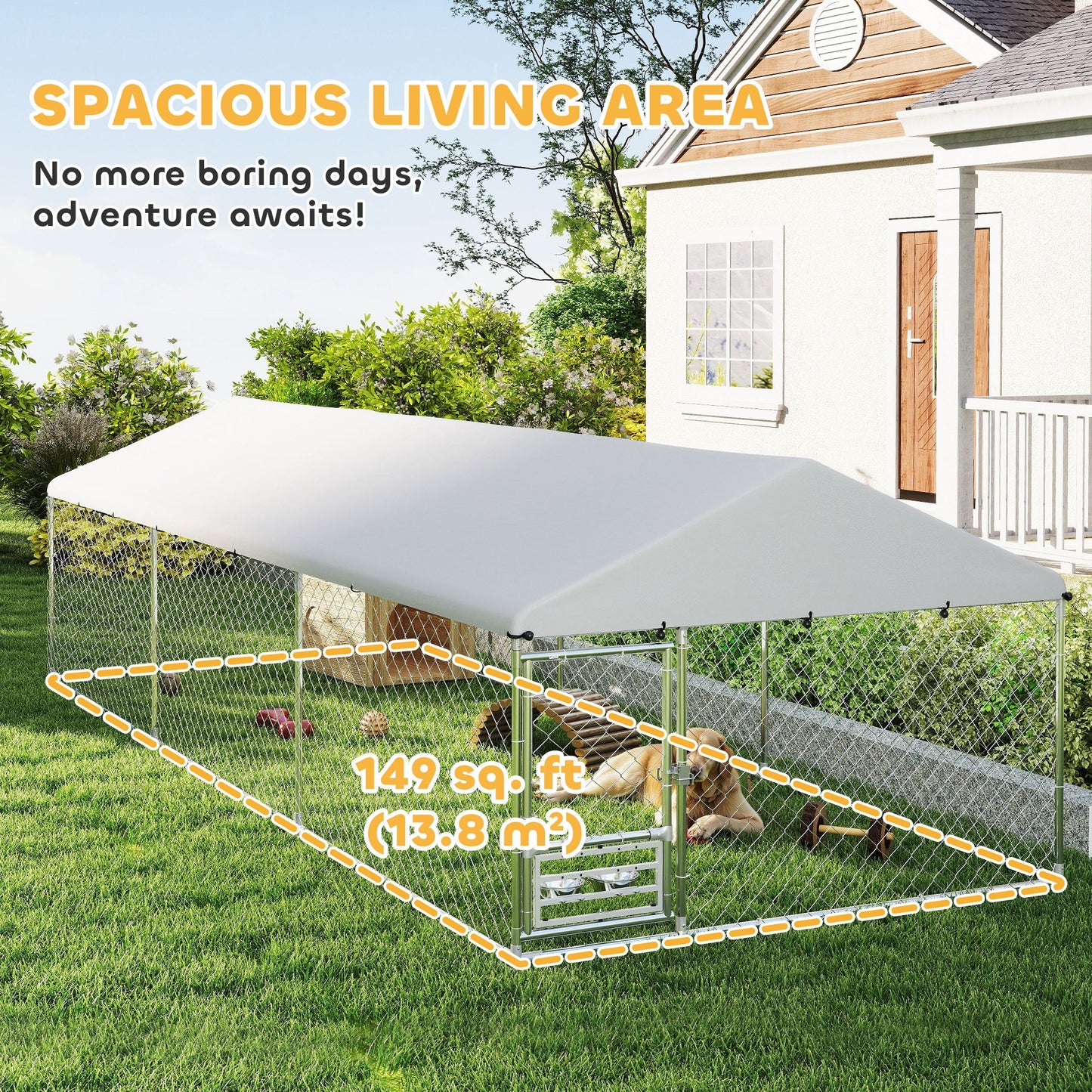Outdoor Dog Kennel with Adjustable Bowl Rack - Waterproof Cover