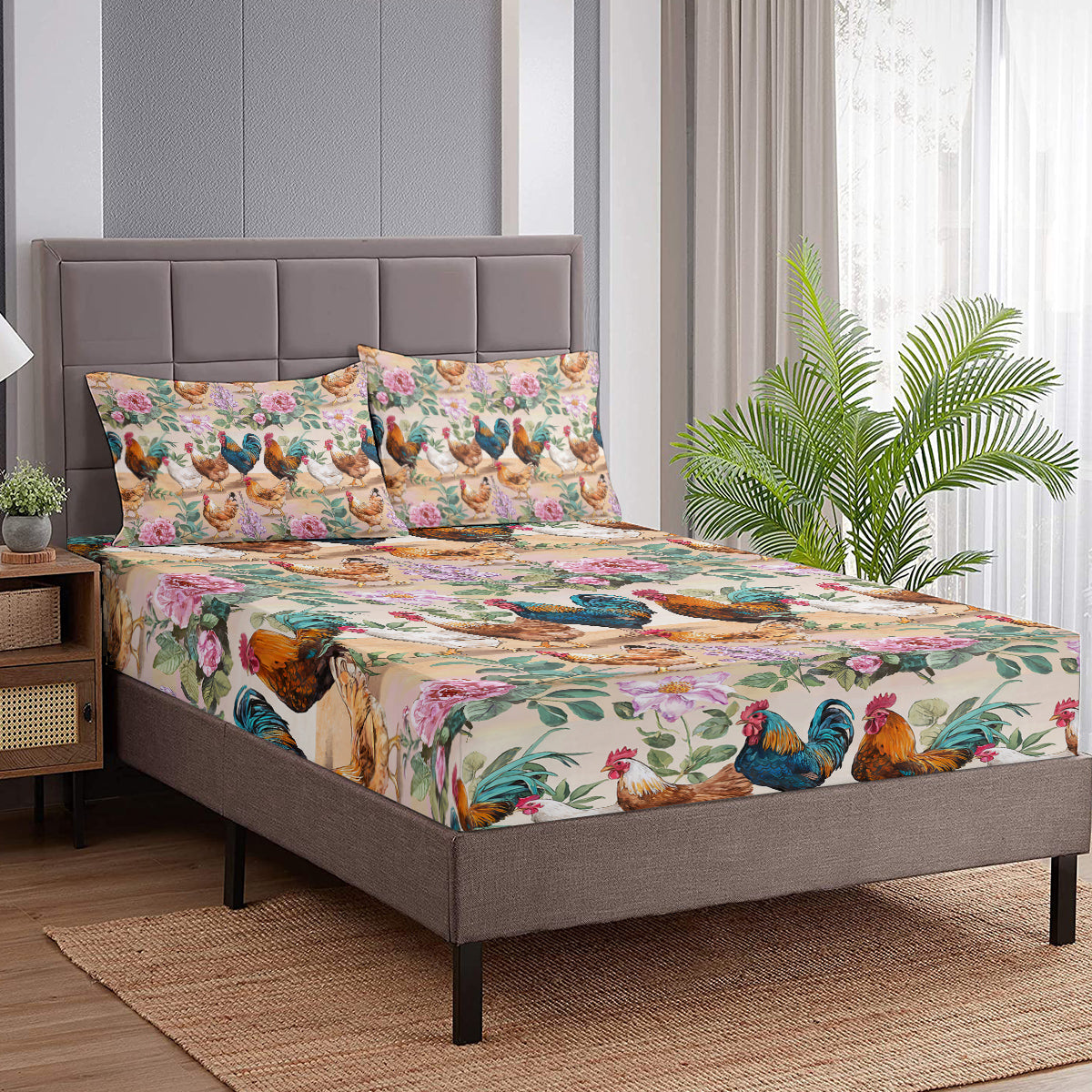 Farmhouse Animal Bed Sheet Set - Deep Pocket Fitted Bedding with Floral Rose Pattern
