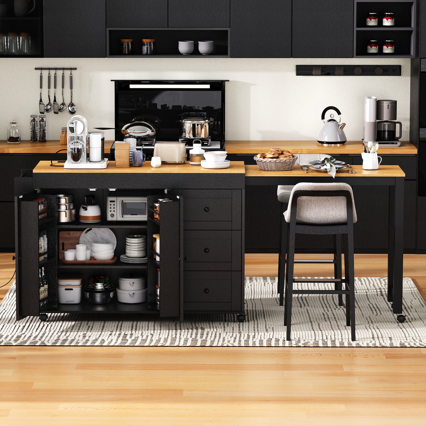 K&K 74.8 Kitchen Island With Extendable Dining Table, Storage Cart 3