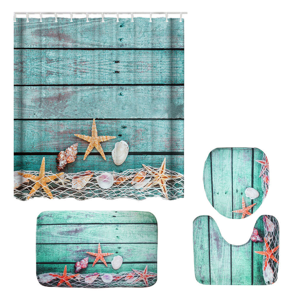 Bathroom Shower Curtain and Floor Mat Set Ocean World Printing - 4 Piece