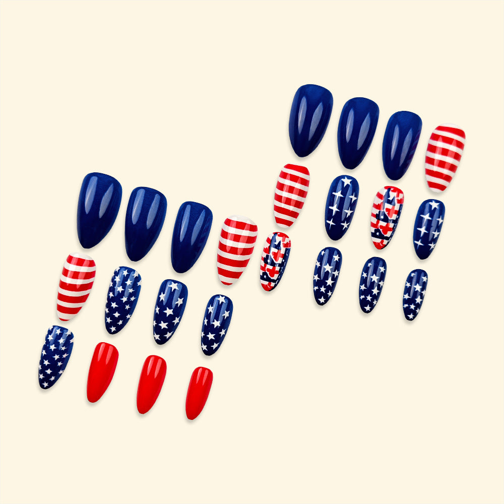 24-Piece Almond-Shaped Acrylic Nail Stickers with Jelly Glue for Manicure, Independence Day Star Pattern