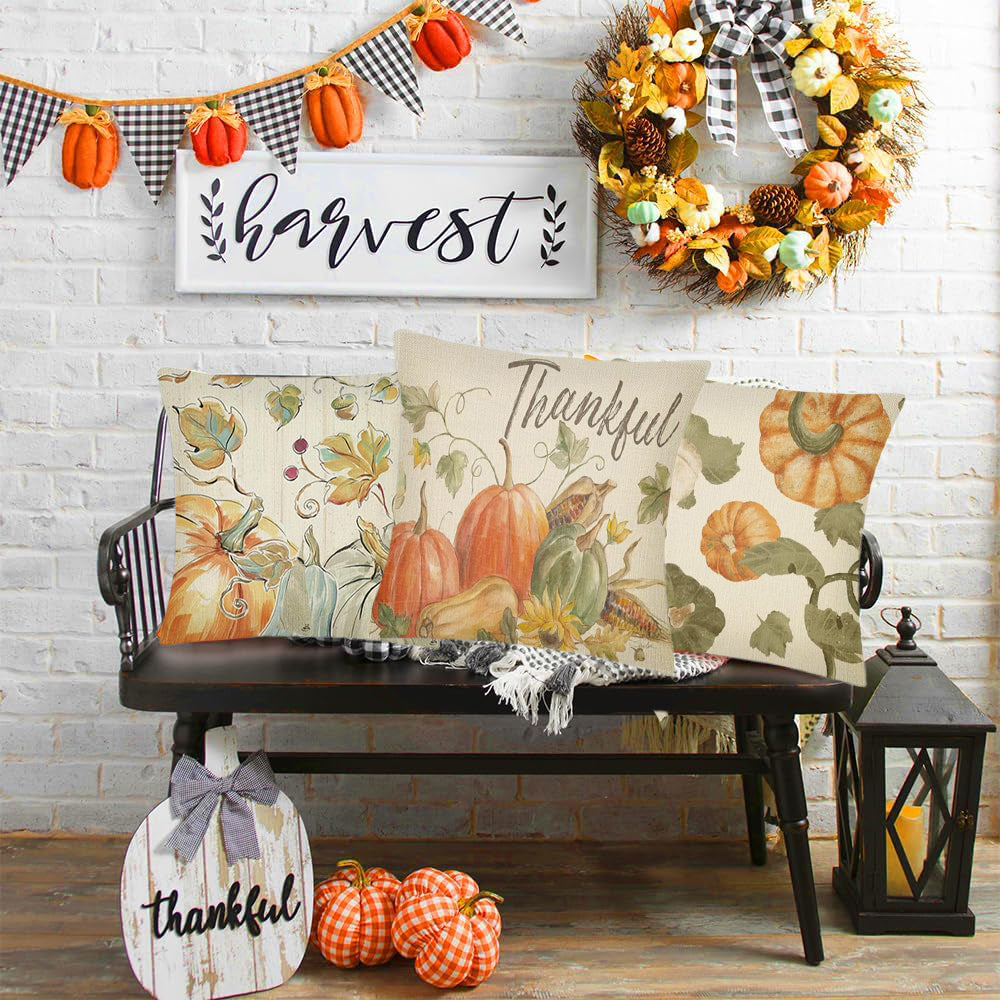 Thanksgiving Fall Throw Pillow Covers - 18x18in, Set of 4 Watercolor