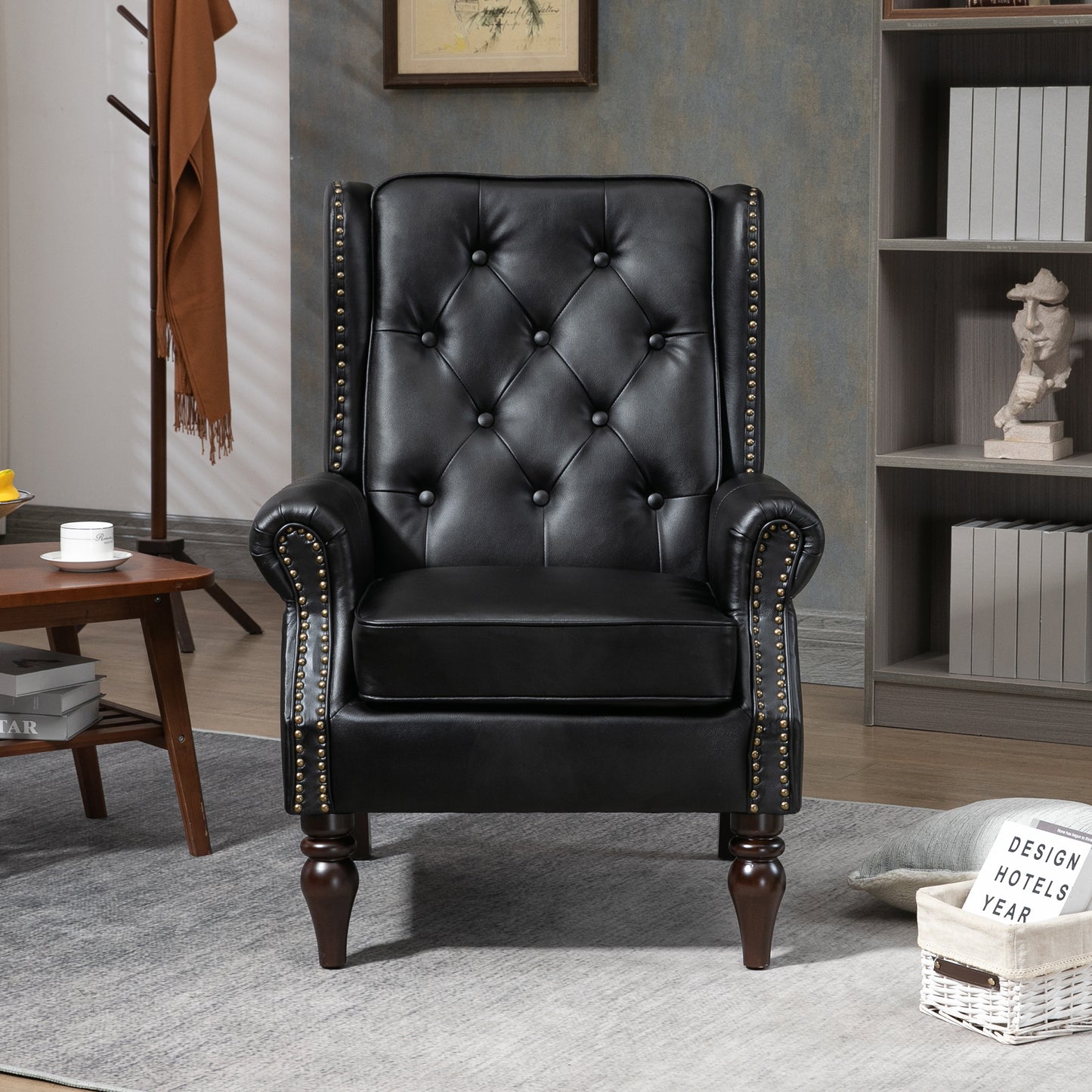 Modern Wood Frame Armchair - Black PU Accent Chair for Living Room