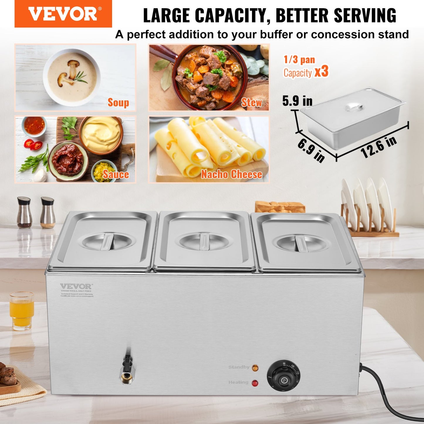 Commercial Food Warmer 3-Pan Countertop Buffet Bain Marie 24QT - Silver